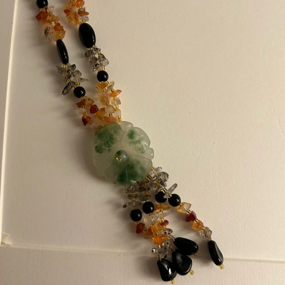 Necklace Artisan Jade flower tassel, Onyx, Rutilated Quartz, Carnelian beads